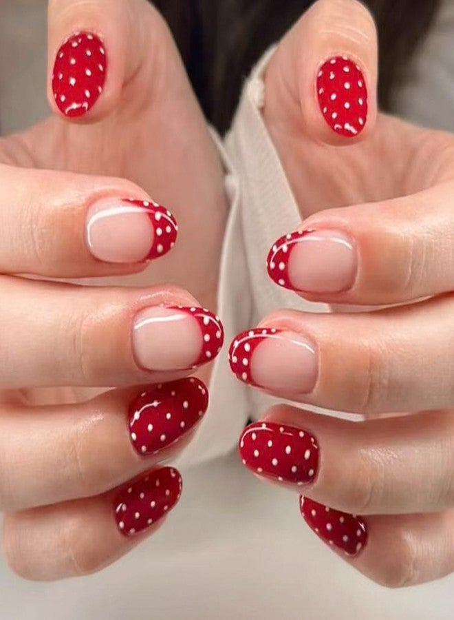 OSTTMA 24Pcs Polka Dot Press on Nails Red French Tip Fake Nails Short Oval False Nails with Cute White Polka Dots Design Glossy Glue on Nail Full Cover French Acrylic Nail for Women Manicure Accessories - Image 1